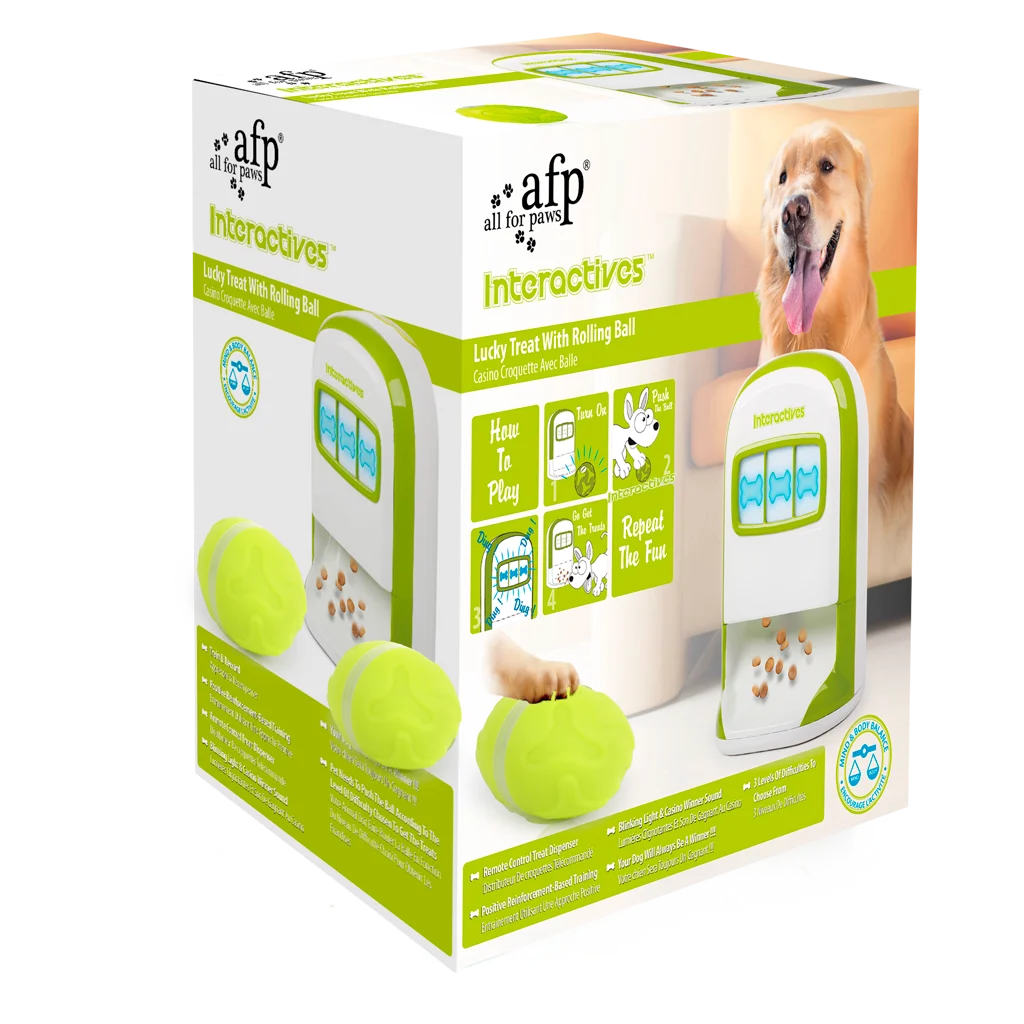 Distributeur de friandises pour chien avec télécommande en forme de balle – AFP Interactives - Lucky Treat with Rolling Ball – Image 1