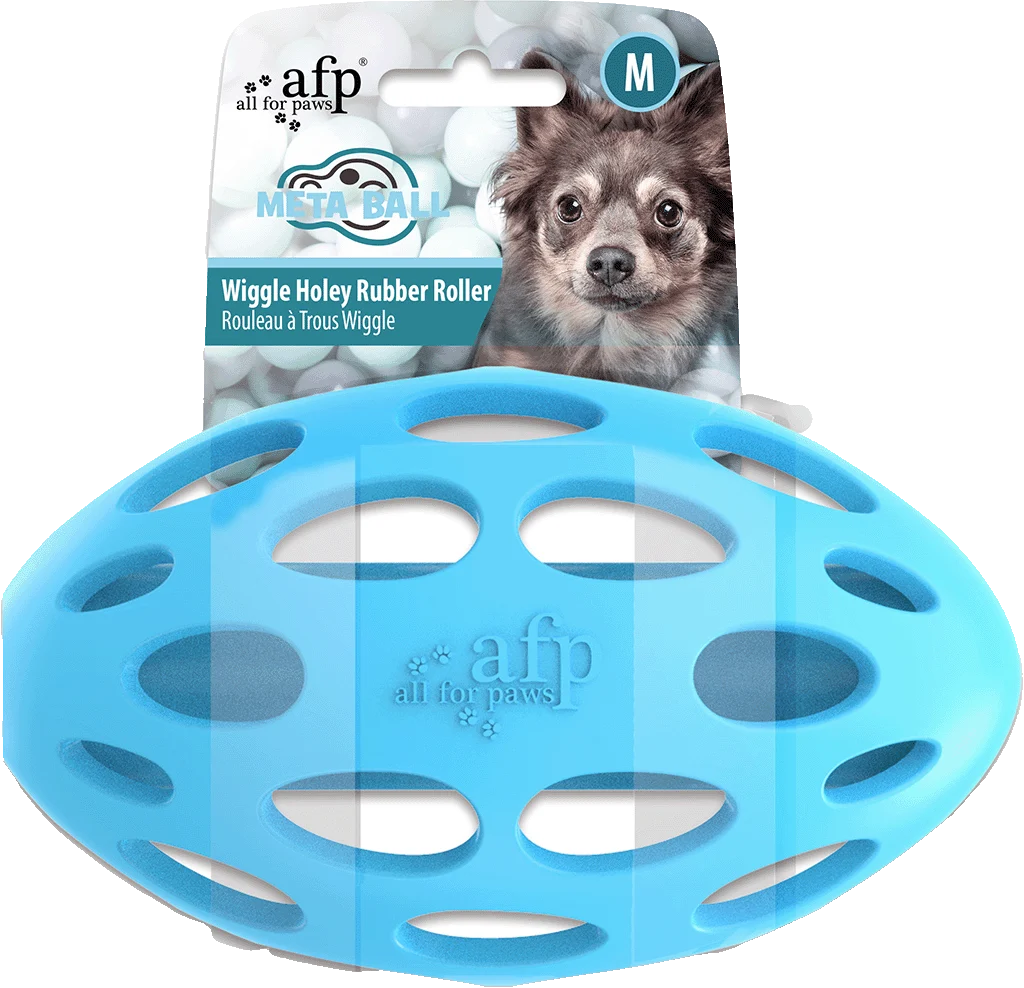 Balle pour chien avec trous et couinement rigolo, M, 11,5 x 7 x 7 cm – AFP Meta Ball Wiggle Holey Roller – Image 1