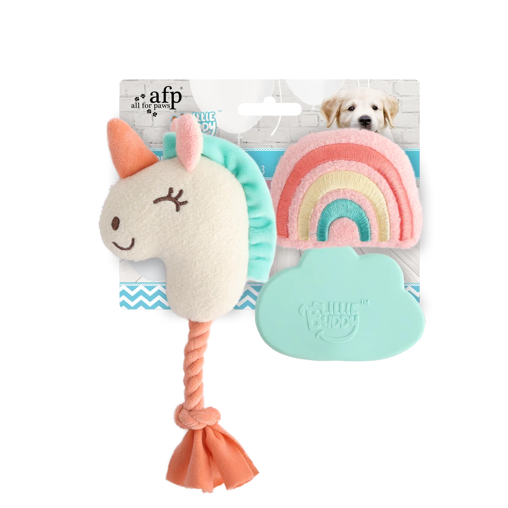 Ensemble de jouets pour chiots avec 2 peluches et couineurs, 3 pièces – AFP Little Buddy 3-Pack Toy Wonderland – Image 1