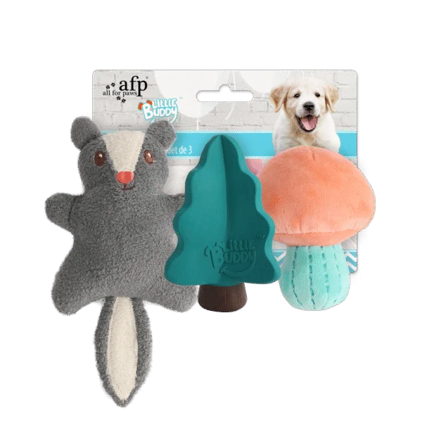 Set de jouets pour chiot avec 2 peluches et un couineur, 3 pièces – AFP Little Buddy 3-Pack Toy Woodland