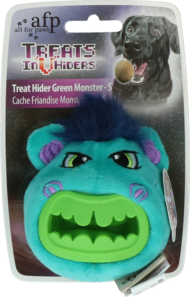 Peluche pour chien monstre vert avec cachette à friandises, env. 10 cm – AFP Treats In "V" Hiders - Treat Hider Small – Image 1