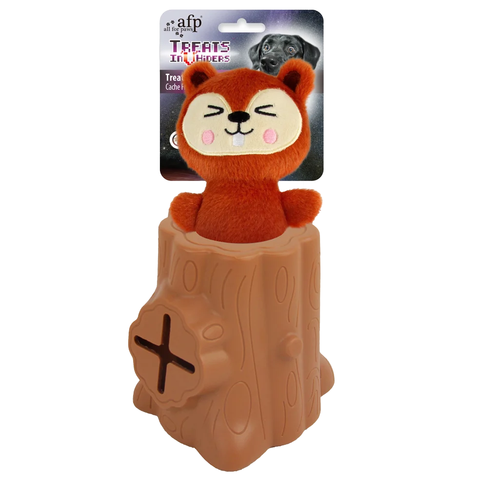 Jouet à friandises en caoutchouc avec peluche, écureuil, 6,5 x 8 x 13,2 cm – AFP Treats In "V" Hiders - Tree-Hider – Image 1
