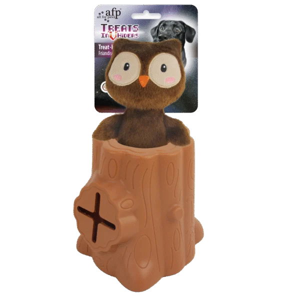 Jouet à friandises en caoutchouc avec peluche, hibou, 6,5 x 8 x 13,2 cm – AFP Treats In "V" Hiders - Tree-Hider