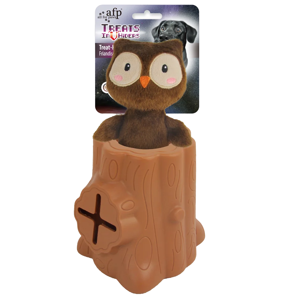 Jouet à friandises en caoutchouc avec peluche, hibou, 6,5 x 8 x 13,2 cm – AFP Treats In "V" Hiders - Tree-Hider – Image 1