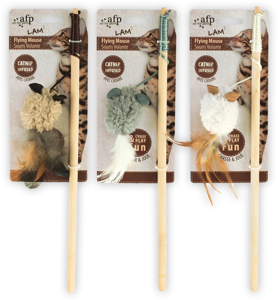 Canne à pêche pour chat avec balle en forme de souris et herbe à chat, 64 x 4 x 4 cm – AFP Lambswool - Flying Mouse – Image 1