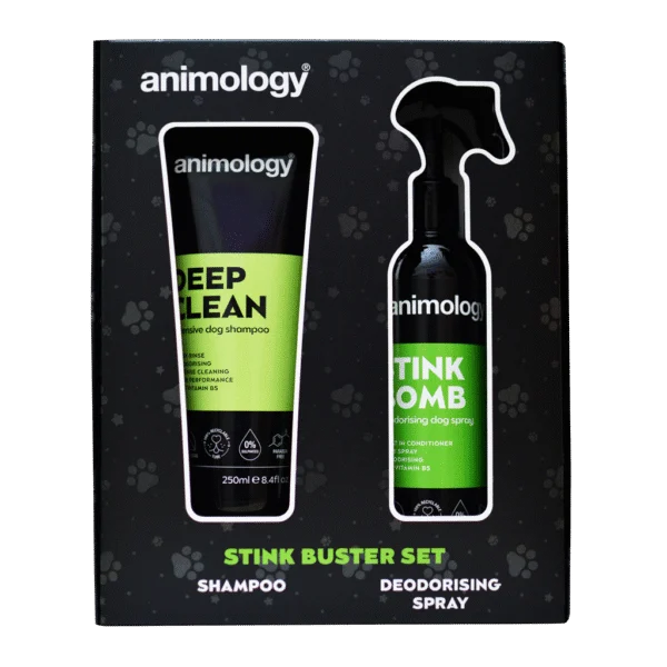 Kit de soin du pelage pour chiens avec shampooing et spray désodorisant, 2 produits – Animology Stink Buster Set