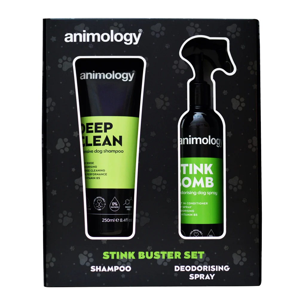 Kit de soin du pelage pour chiens avec shampooing et spray désodorisant, 2 produits – Animology Stink Buster Set – Image 1