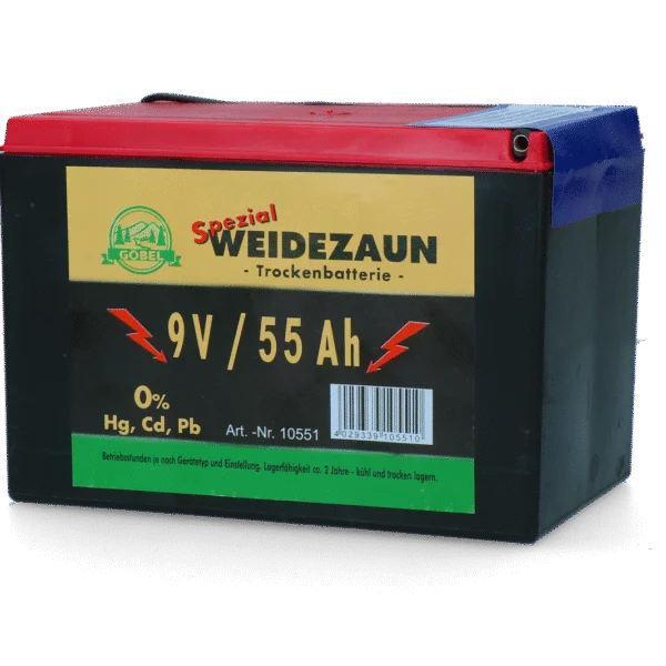 Pile pour électrificateur de clôture électrique 9 V, 55 Ah, 11,5 x 16,5 x 11,2 cm – ZoneGuard EG super