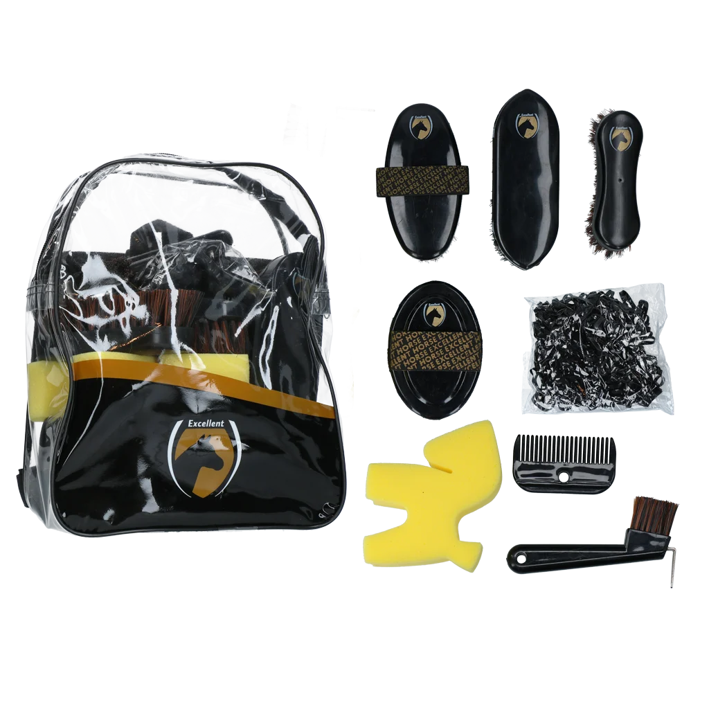 Kit de pansage pour jeunes cavaliers avec sac à dos, 200 élastiques – Excellent Horse Grooming Set Junior – Image 1