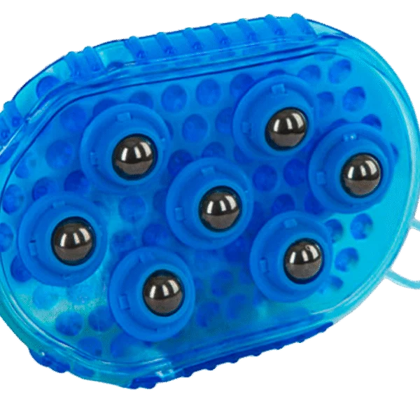 Brosse de massage pour chevaux avec 7 rouleaux en acier inoxydable, bleue, 16 x 10 cm