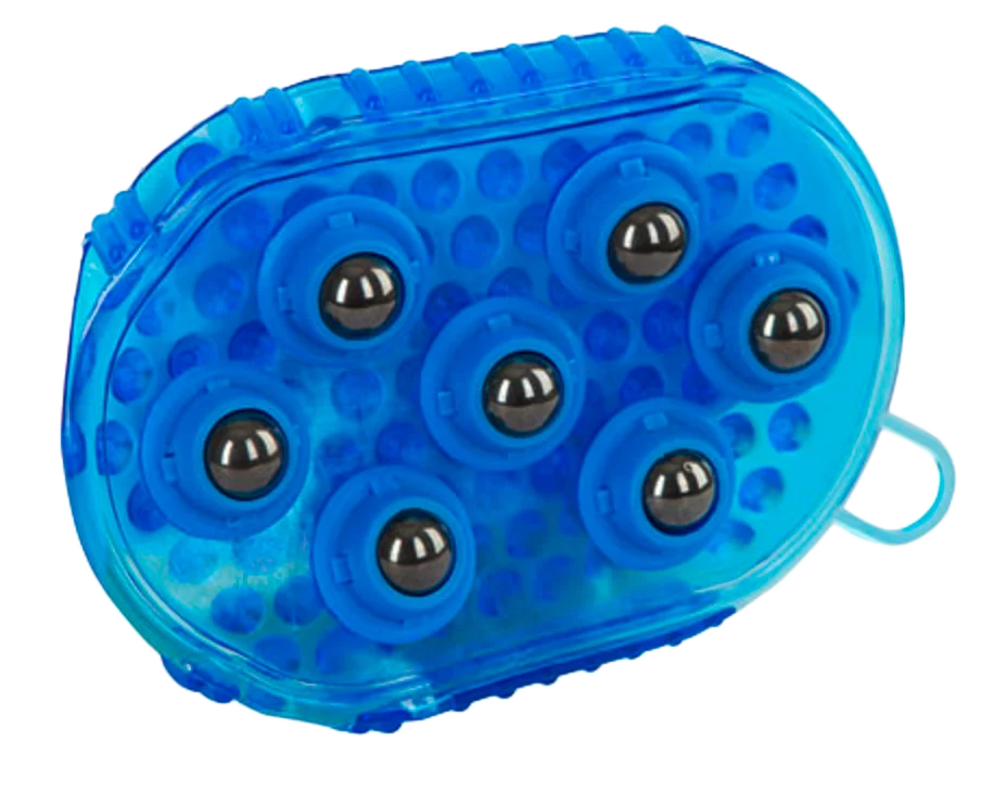 Brosse de massage pour chevaux avec 7 rouleaux en acier inoxydable, bleue, 16 x 10 cm – Image 1