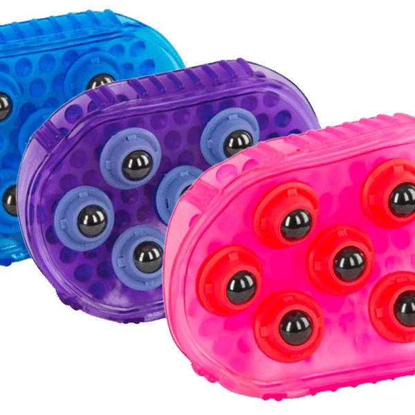 Brosse de massage pour chevaux avec 7 rouleaux en acier inoxydable, violette, 16 x 10 cm