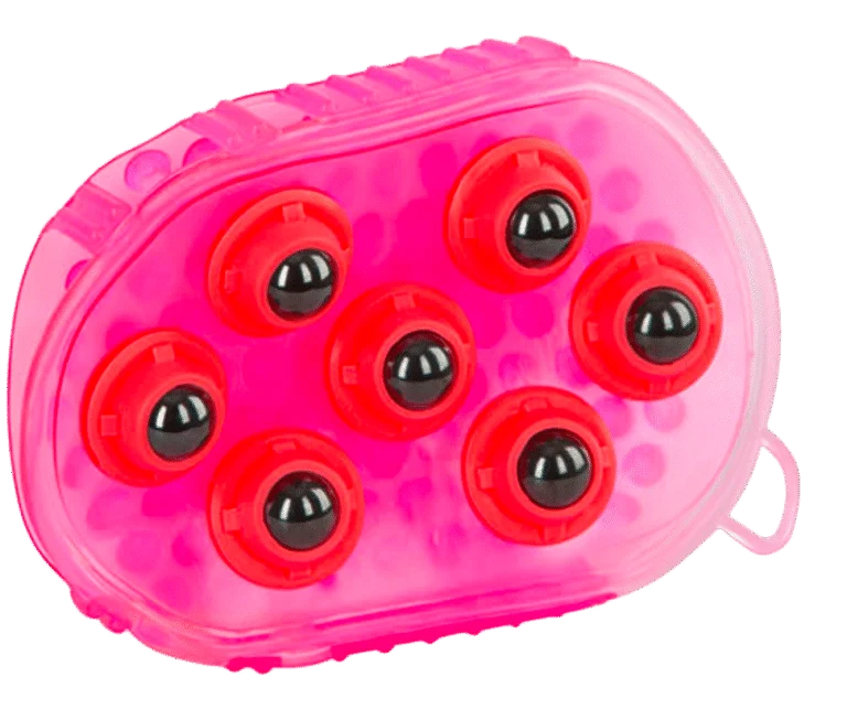 Brosse de massage pour chevaux avec 7 rouleaux en acier inoxydable, rose, 16 x 10 cm