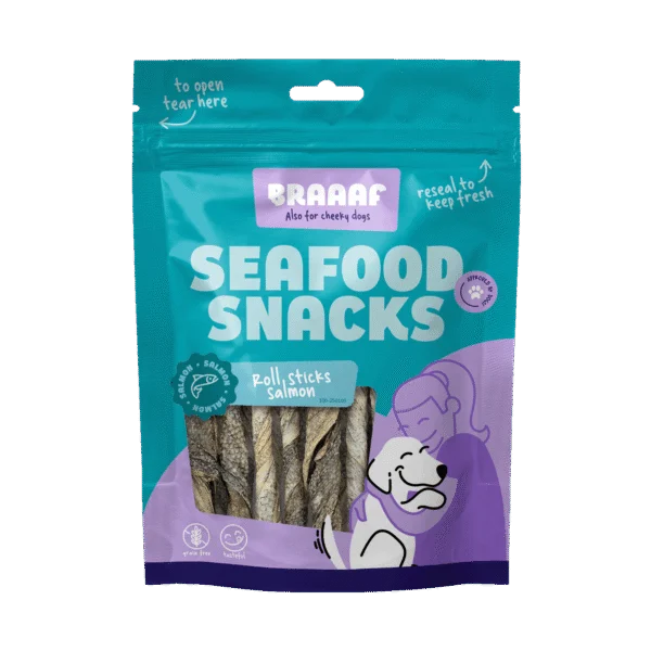 Bâtonnets à mâcher au saumon séché à l’air, 12 cm – Braaaf Seafood Zalm Roll Sticks