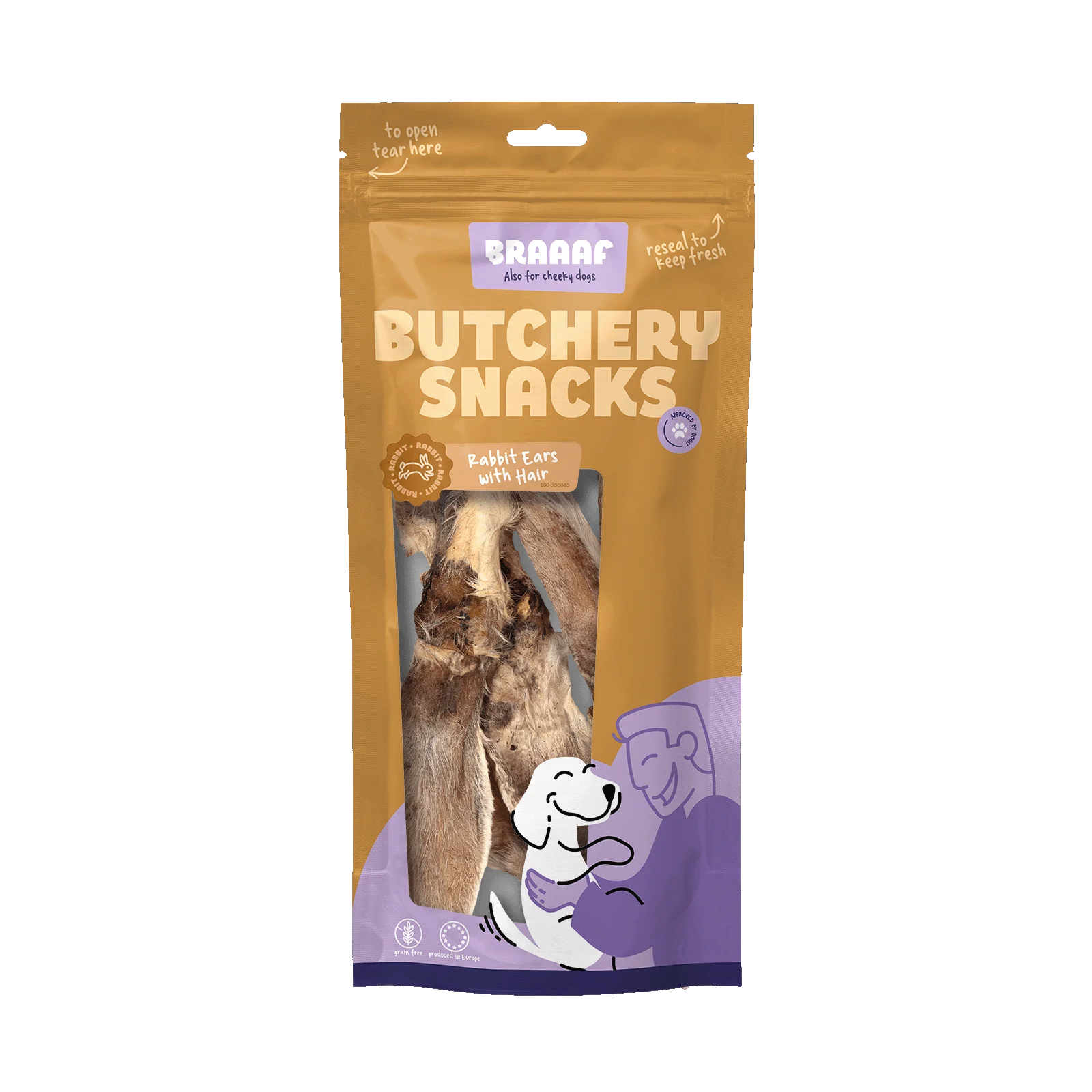 BRAA300040.png Friandise à mâcher pour chiens, oreilles de lapin avec poils, 80 g – Braaaf Butchery – Image 1