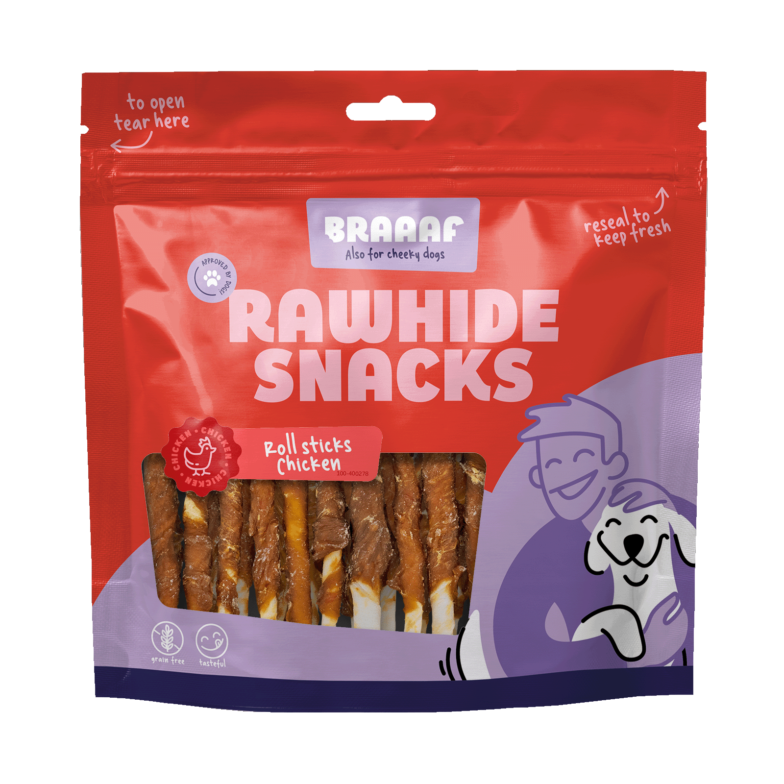 Kauwstaafjes met Kip, 30 Stuks – Braaaf Rawhide Roll Sticks Bâtonnets à mâcher au poulet, 30 pièces – Braaaf Rawhide Roll Sticks