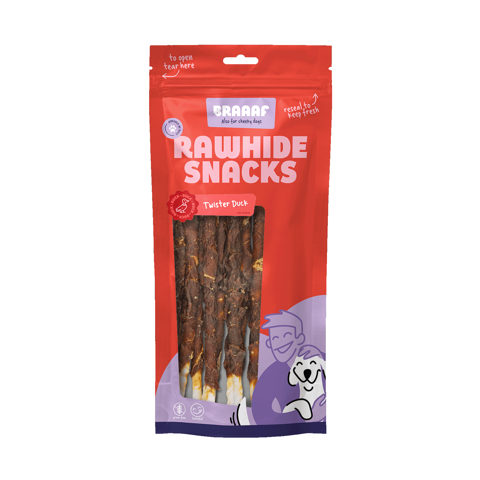 Kauwstaafjes met Eend, 25 cm, 8 Stuks – Braaaf Rawhide Twister Bâtonnets à mâcher au canard, 25 cm, 8 pièces – Braaaf Rawhide Twister