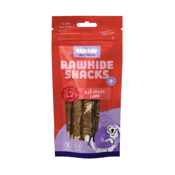Bâtonnets à mâcher à l’agneau et au poisson, 8 pièces – Braaaf Rawhide Roll Sticks