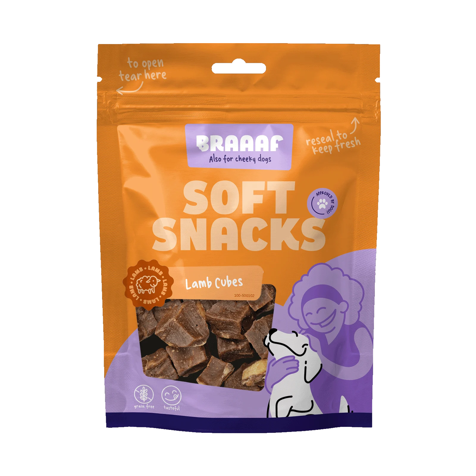 Dés de friandises pour chien à l’agneau et au poisson, sans céréales, 85 g – Braaaf Soft Snack Cubes – Image 1