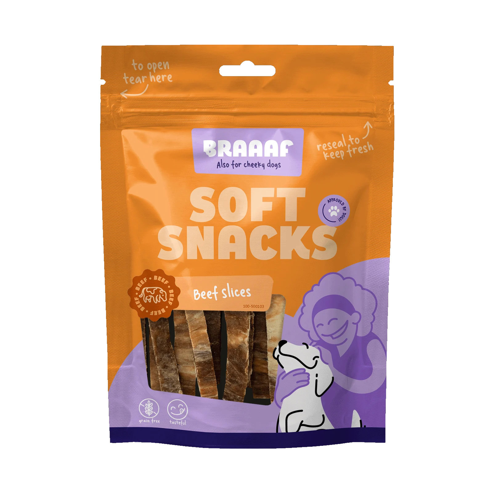 BRAA500103.png Friandises moelleuses pour chien au bœuf et au poisson, sans céréales, 85 g – Braaaf Soft Snack Slices – Image 1