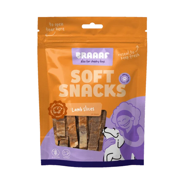 Friandises tendres pour chiens à l’agneau et au poisson, sans céréales, 85 g – Braaaf Soft Snack Slices