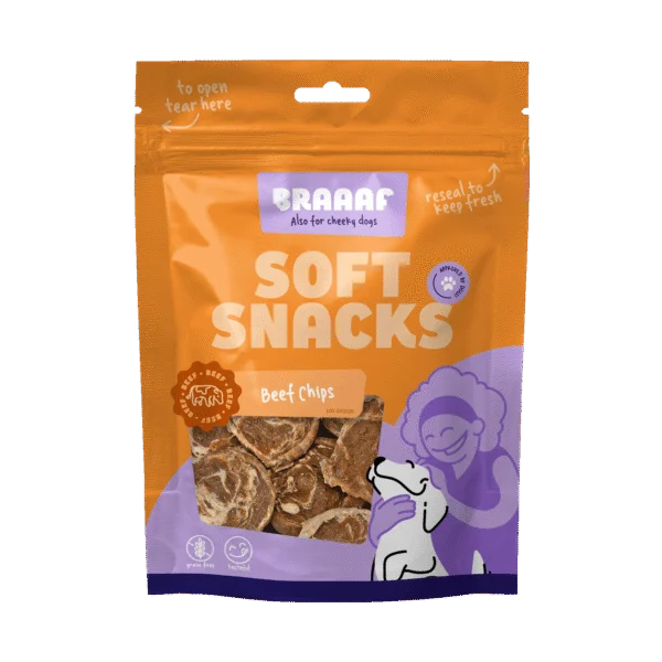 Friandises pour chien en forme de chips au bœuf et au poisson, sans céréales, 85 g – Braaaf Soft Snack Chips