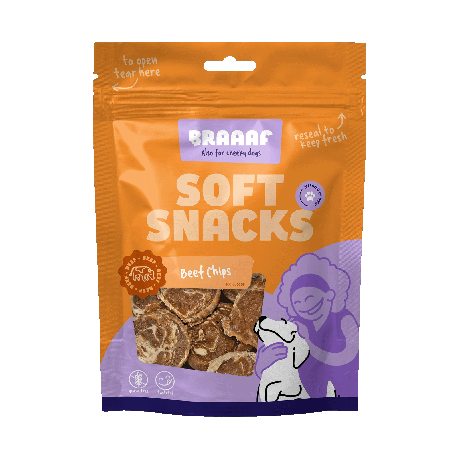 Friandises pour chien en forme de chips au bœuf et au poisson, sans céréales, 85 g – Braaaf Soft Snack Chips – Image 1