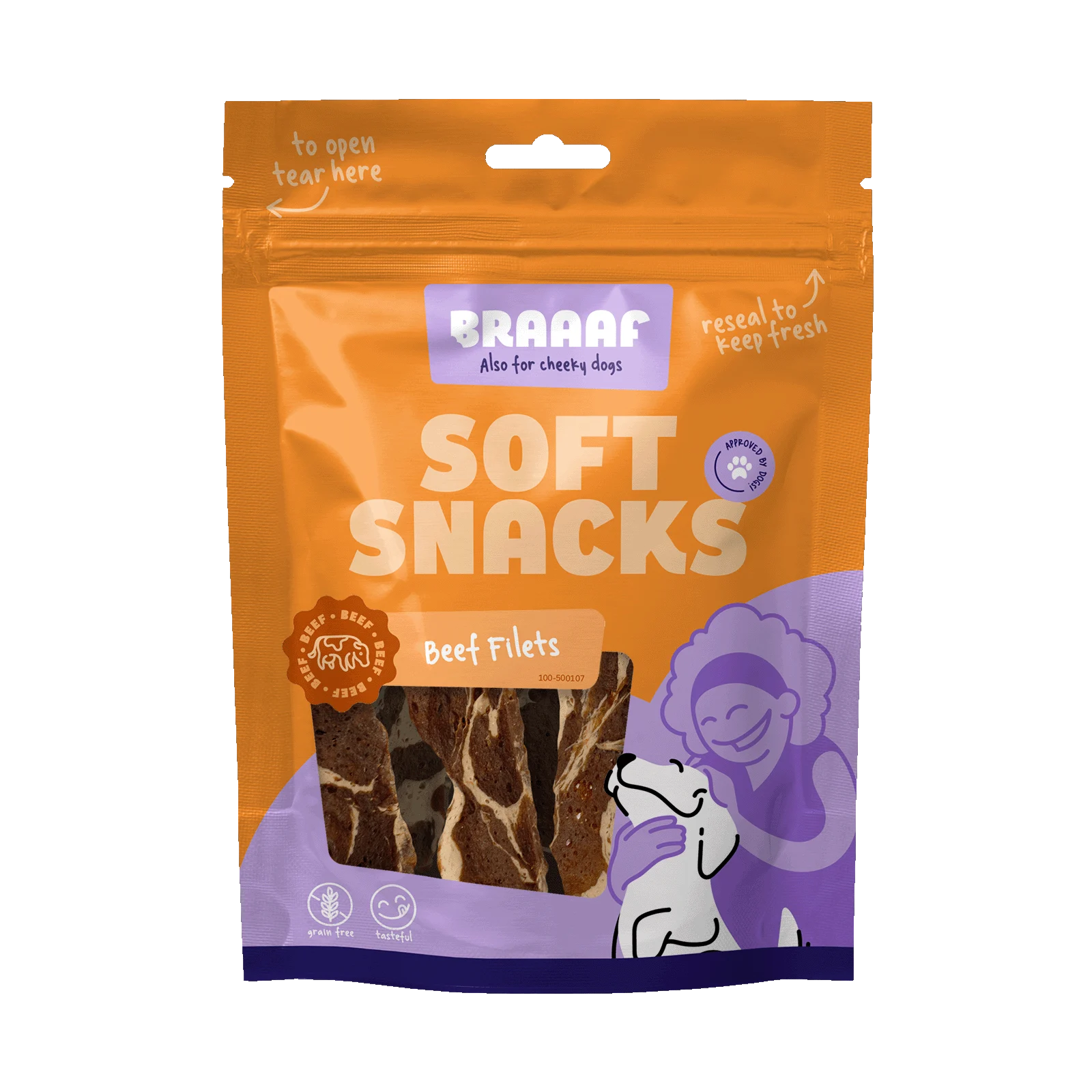 Friandise pour chien en forme de filet au bœuf et au poisson, sans céréales, 85 g – Braaaf Soft Snack Filet – Image 1