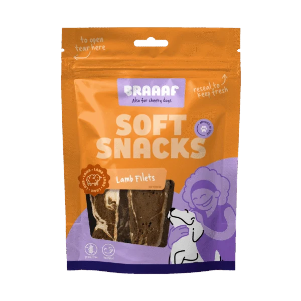 Friandise pour chien en forme de filet à l’agneau et au poisson, sans céréales, 85 g – Braaaf Soft Snack Filet