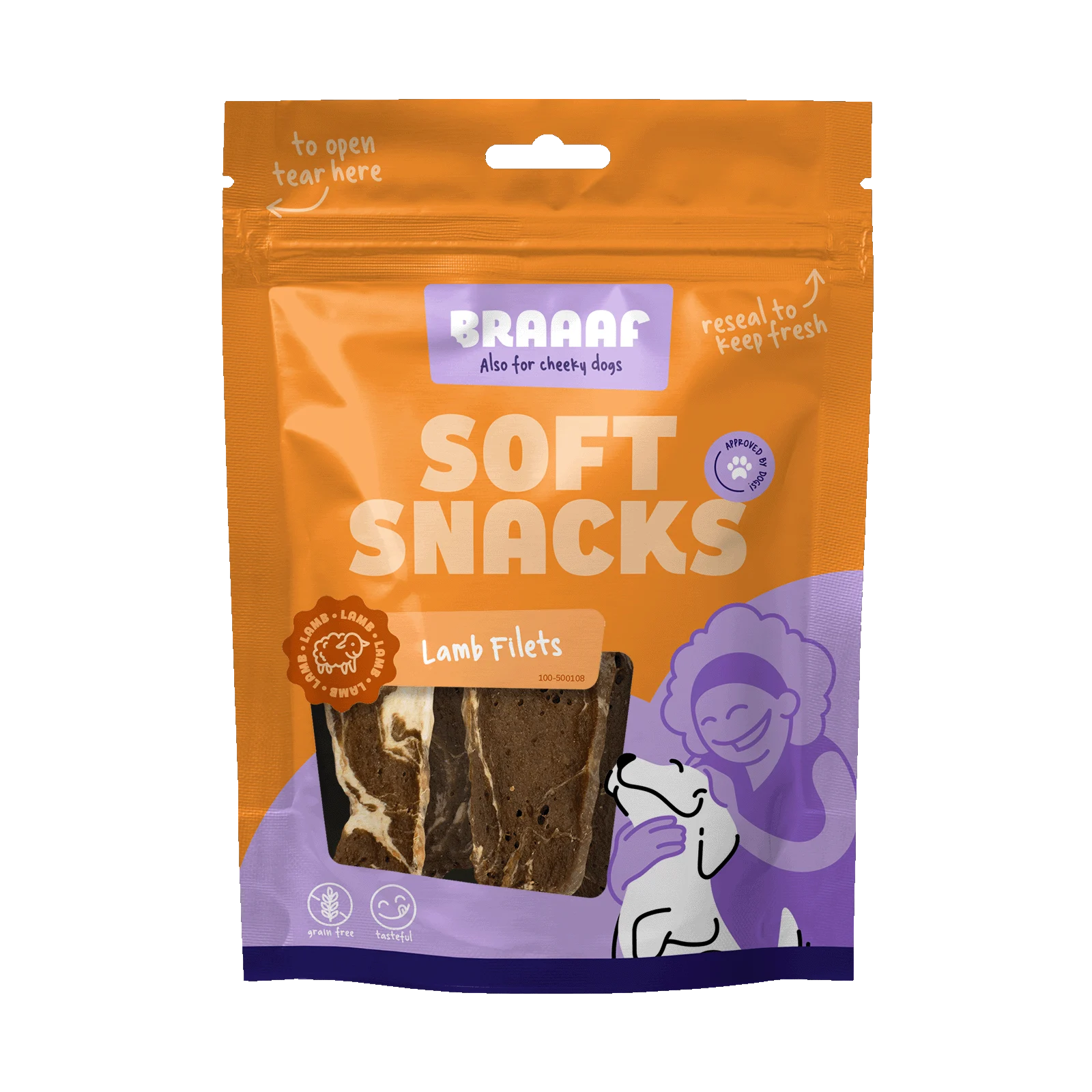 Friandise pour chien en forme de filet à l’agneau et au poisson, sans céréales, 85 g – Braaaf Soft Snack Filet – Image 1
