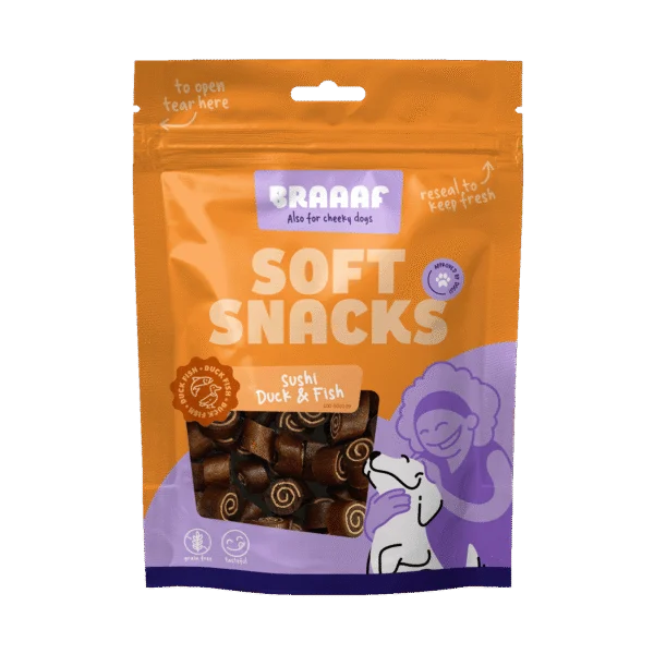 Friandises tendres pour chien au canard et au poisson, sans céréales, 85 g – Braaaf Soft Snack Sushi