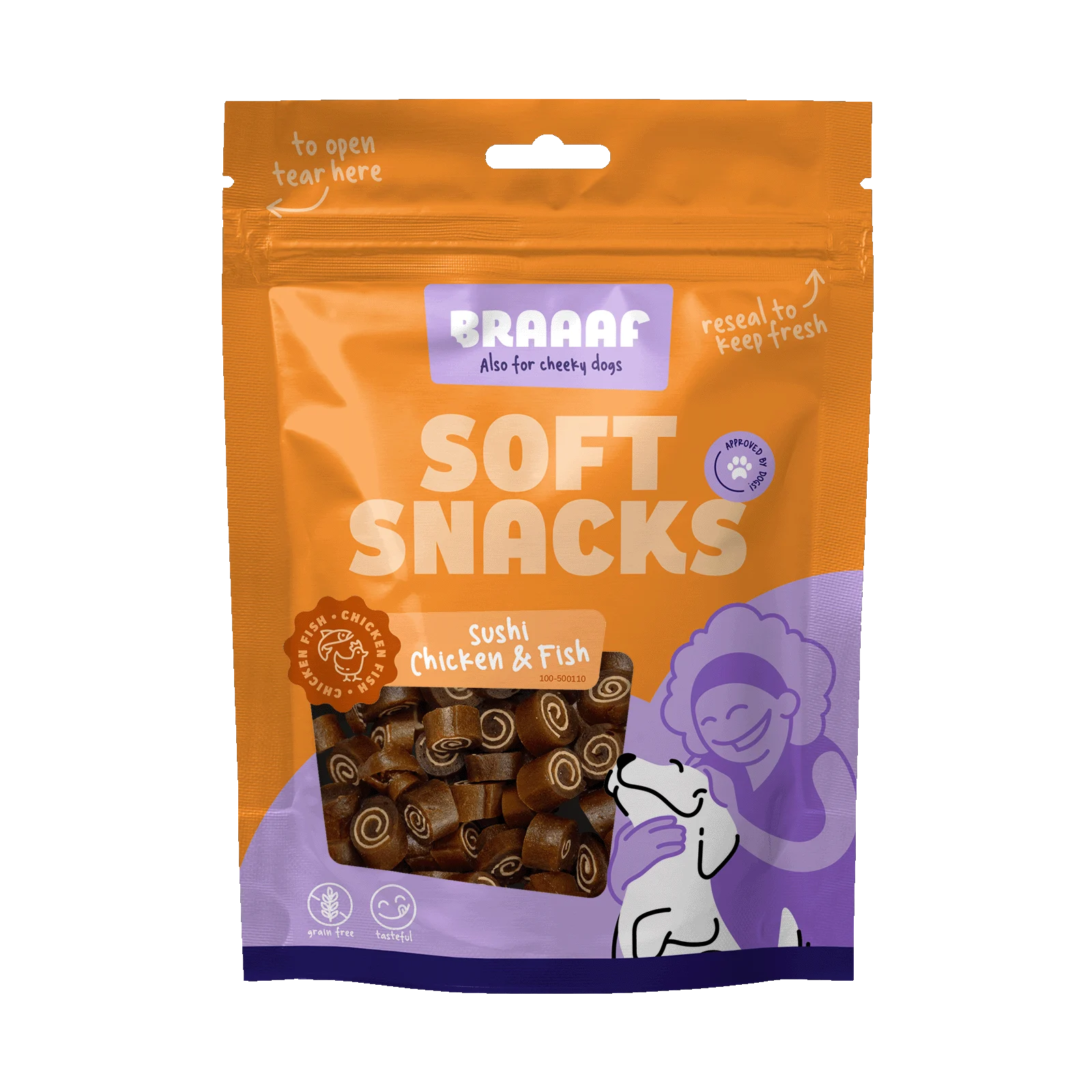Friandises tendres pour chien au poulet et au poisson, sans céréales, 85 g – Braaaf Soft Snack Sushi – Image 1
