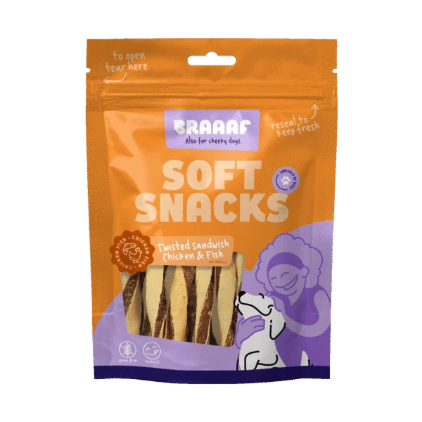 Friandise pour chien en forme de sandwich torsadé au poulet et au poisson, sans céréales, 85 g – Braaaf Soft Snack Sandwich torsadé