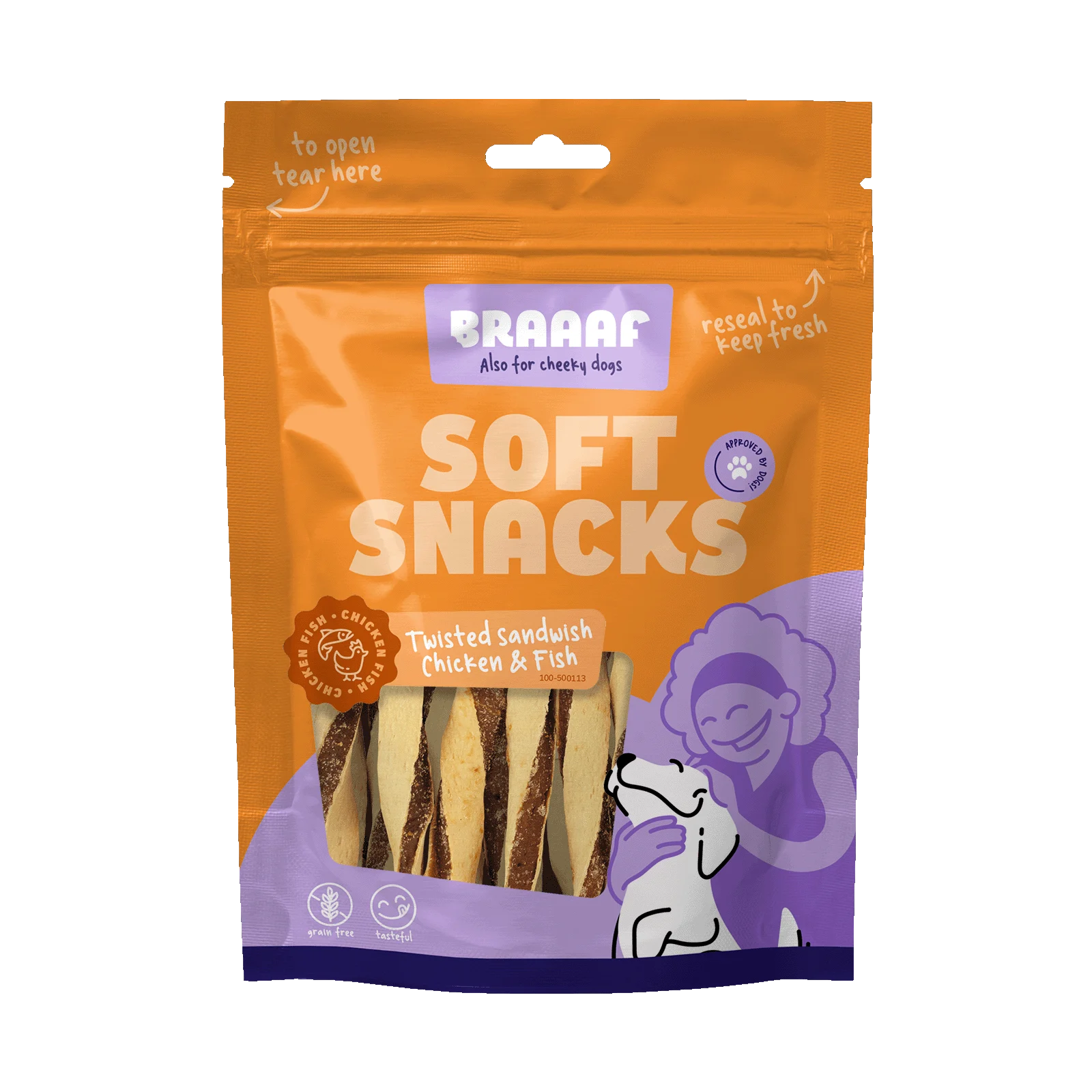 Friandise pour chien en forme de sandwich torsadé au poulet et au poisson, sans céréales, 85 g – Braaaf Soft Snack Sandwich torsadé – Image 1