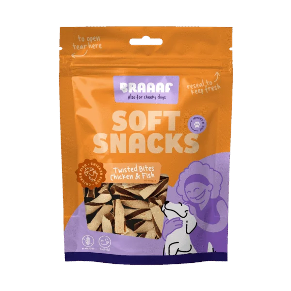 Friandises pour chien au poulet et au poisson, sans céréales, 85 g – Braaaf Soft Snack Gedraaide Bites
