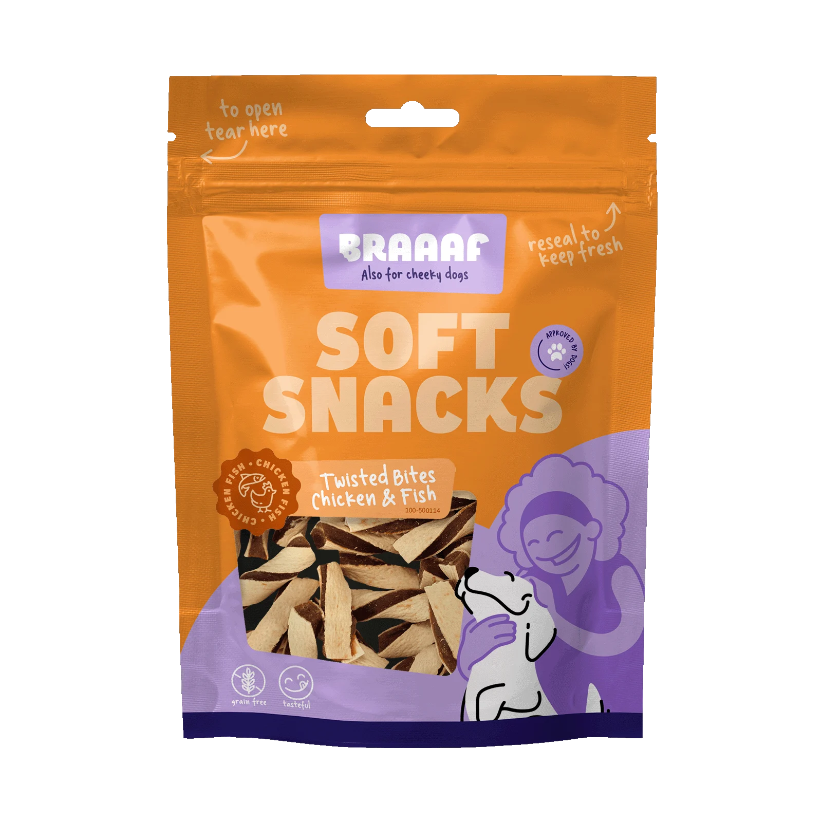 BRAA500114.png Friandises pour chien au poulet et au poisson, sans céréales, 85 g – Braaaf Soft Snack Gedraaide Bites – Image 1