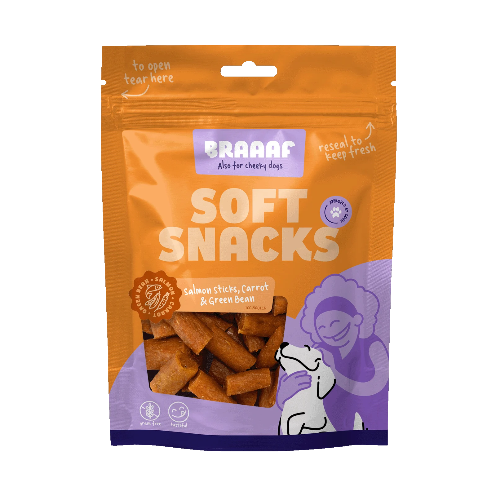 Friandise moelleuse pour chien au saumon, à la carotte et aux haricots verts, 85 g – Braaaf Soft Snack bâtonnet au saumon – Image 1