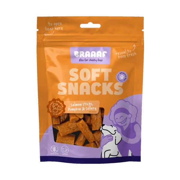 Bouchées tendres pour chien au saumon, à la citrouille et au céleri, 85 g – Braaaf Soft Snack
