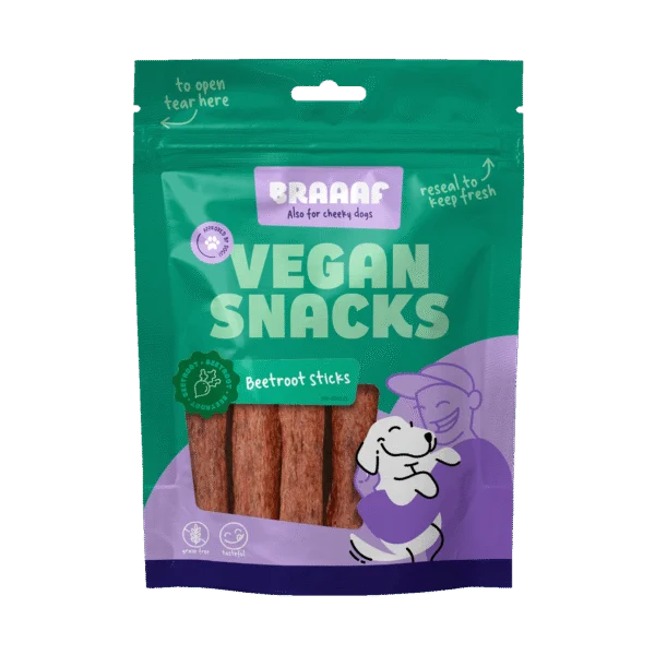 Friandise pour chien à la betterave rouge, bâtonnet de 12 cm – Braaaf Vegan Snack Rode Biet Stick