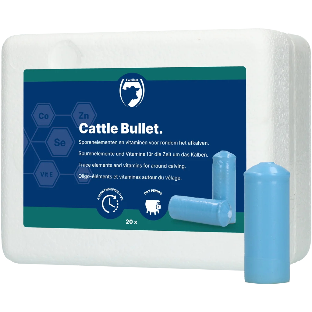 Bolus minéral pour bovins nourris à l’herbe autour du vêlage, 20 pièces – Excellent Cattle Bullet – Image 1