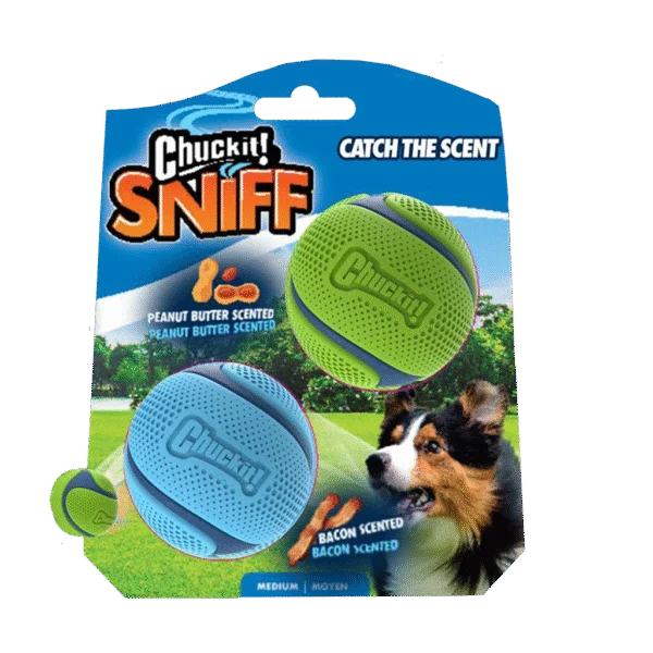 Balles pour chien parfumées au bacon et au beurre de cacahuète, 2 pièces – Chuckit! Sniff Fetch Ball Bacon & Peanut Butter M