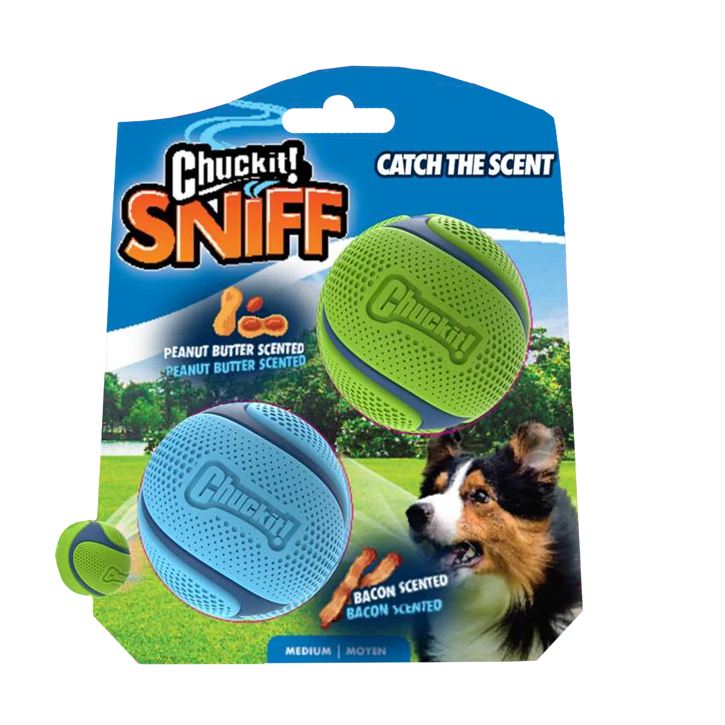 CHUC33209.png Balles pour chien parfumées au bacon et au beurre de cacahuète, 2 pièces – Chuckit! Sniff Fetch Ball Bacon & Peanut Butter M – Image 1