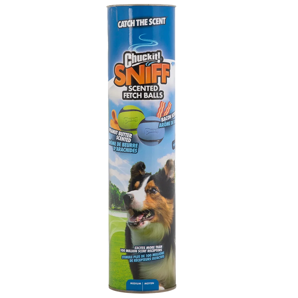 Balles pour chien parfumées au bacon et au beurre de cacahuète, 4 pièces – Chuckit! Sniff Fetch Ball Bacon & Peanut Butter M – Image 1