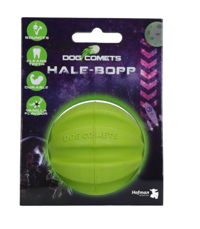 Balle pour chien en caoutchouc naturel avec rainures, 6 cm, verte – Dog Comets Hale Bopp