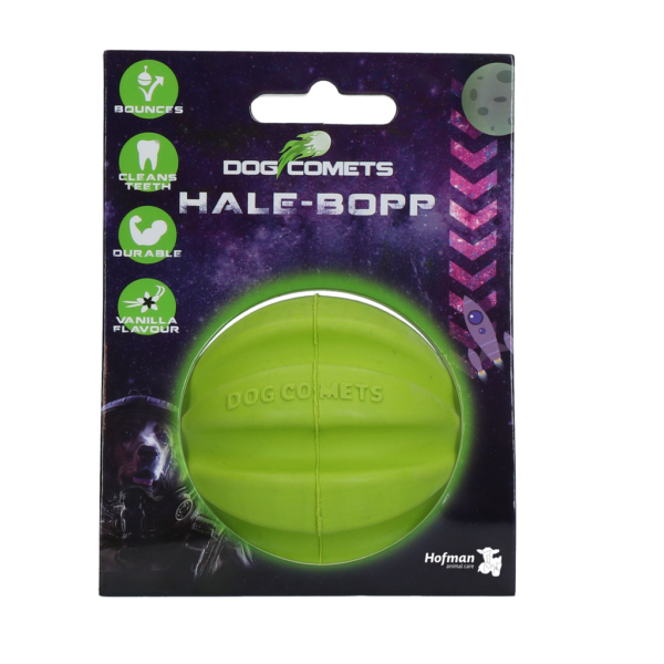 Balle pour chien en caoutchouc naturel avec rainures, 6 cm, verte – Dog Comets Hale Bopp