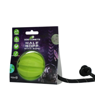 Balle pour chien en caoutchouc naturel avec corde, 6 cm, verte – Dog Comets Hale Bopp