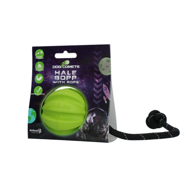 Balle pour chien en caoutchouc naturel avec corde, 6 cm, verte – Dog Comets Hale Bopp