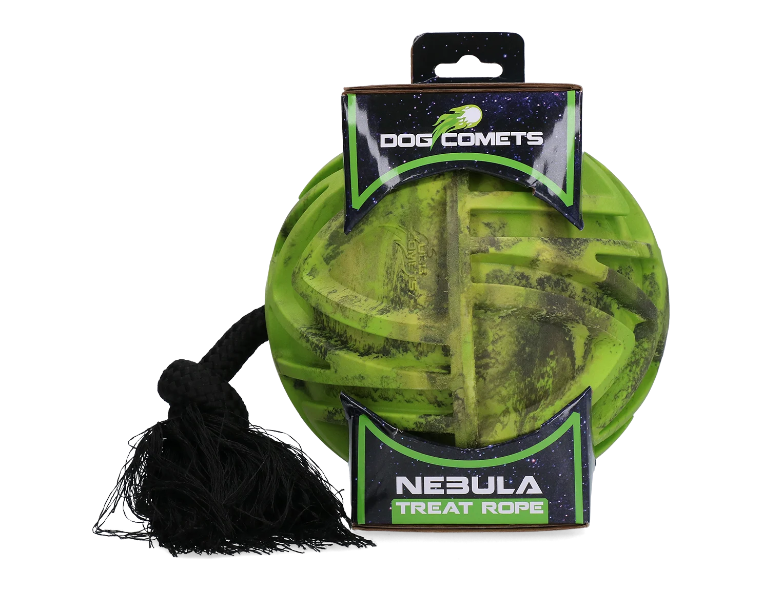 Balle distributrice avec corde et ouverture pour friandises, Ø 18 cm, vert – Dog Comets Nebula Treat Rope – Image 1