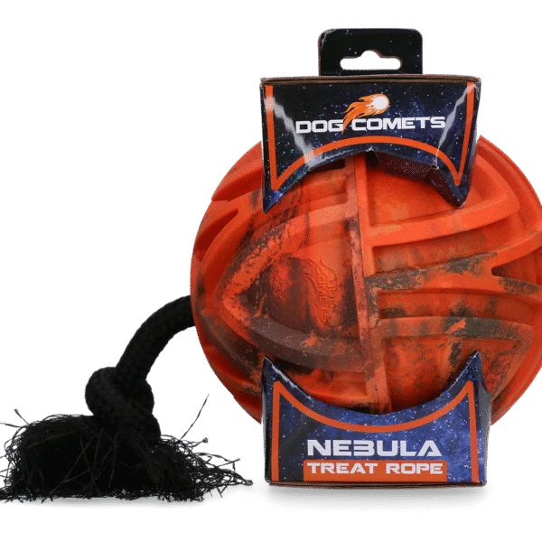 Balle distributrice avec corde et ouverture à friandises, Ø 18 cm, orange – Dog Comets Nebula Treat Rope