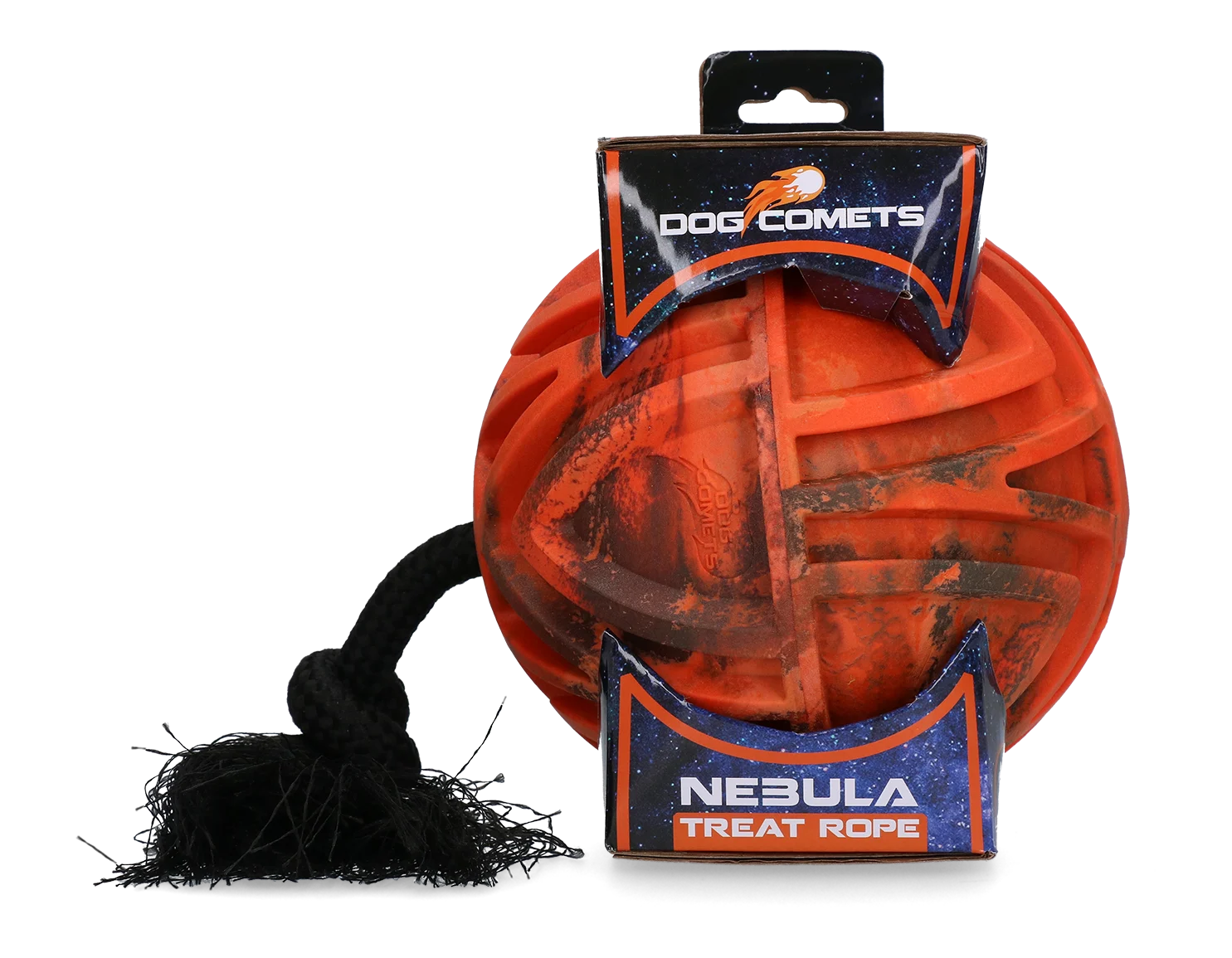 Balle distributrice avec corde et ouverture à friandises, Ø 18 cm, orange – Dog Comets Nebula Treat Rope – Image 1